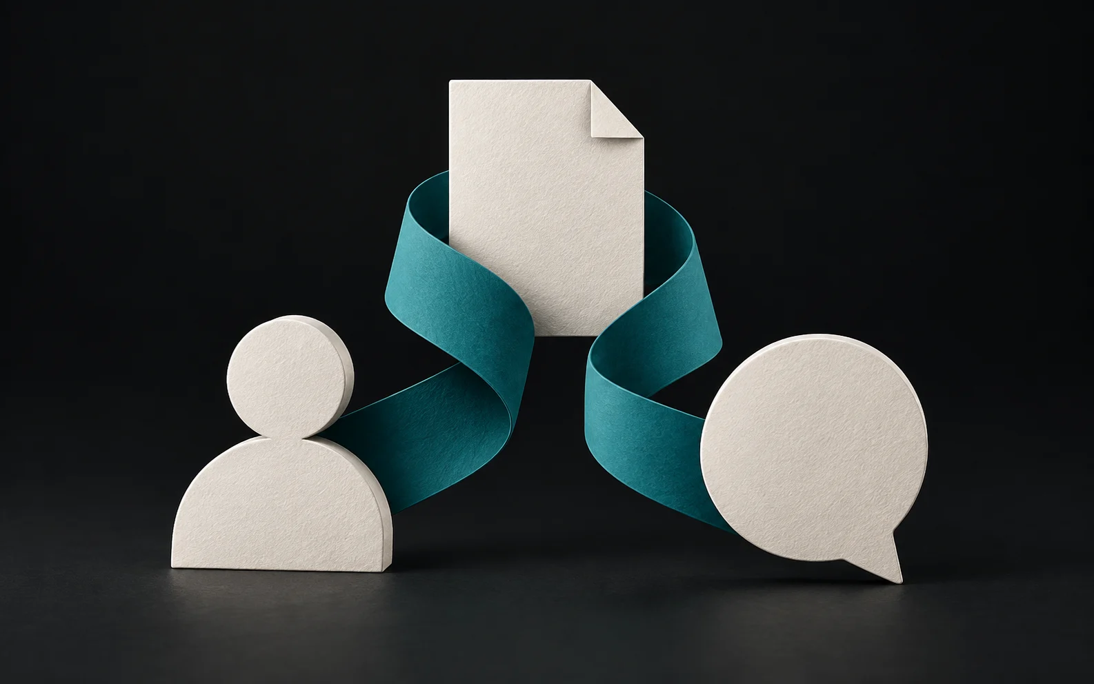 Editorial illustration of hiring records joined by a teal conversation ribbon